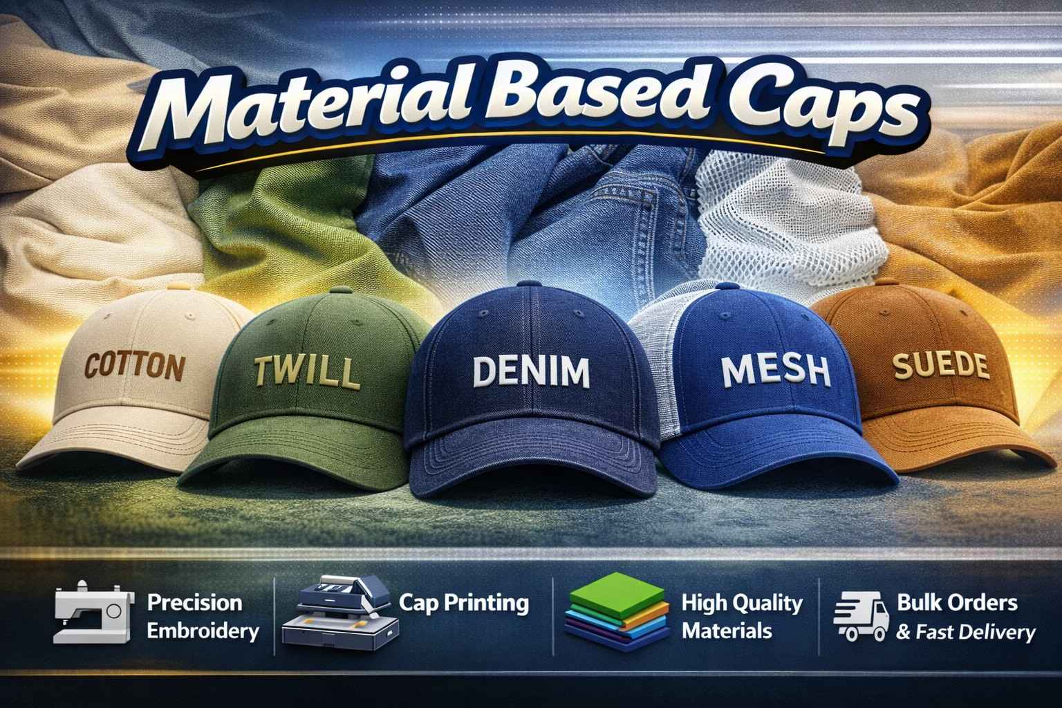 material based caps in Malegaon including cotton polyester and denim caps for Textile Area branding use