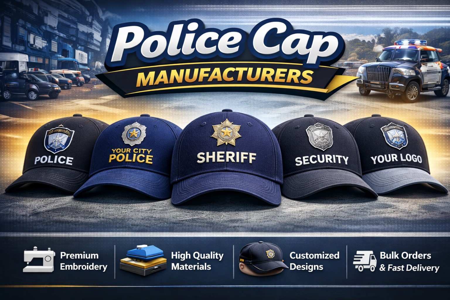 police caps manufactured in Kolhapur with durable fabric and badge design for Shiroli MIDC uniform use