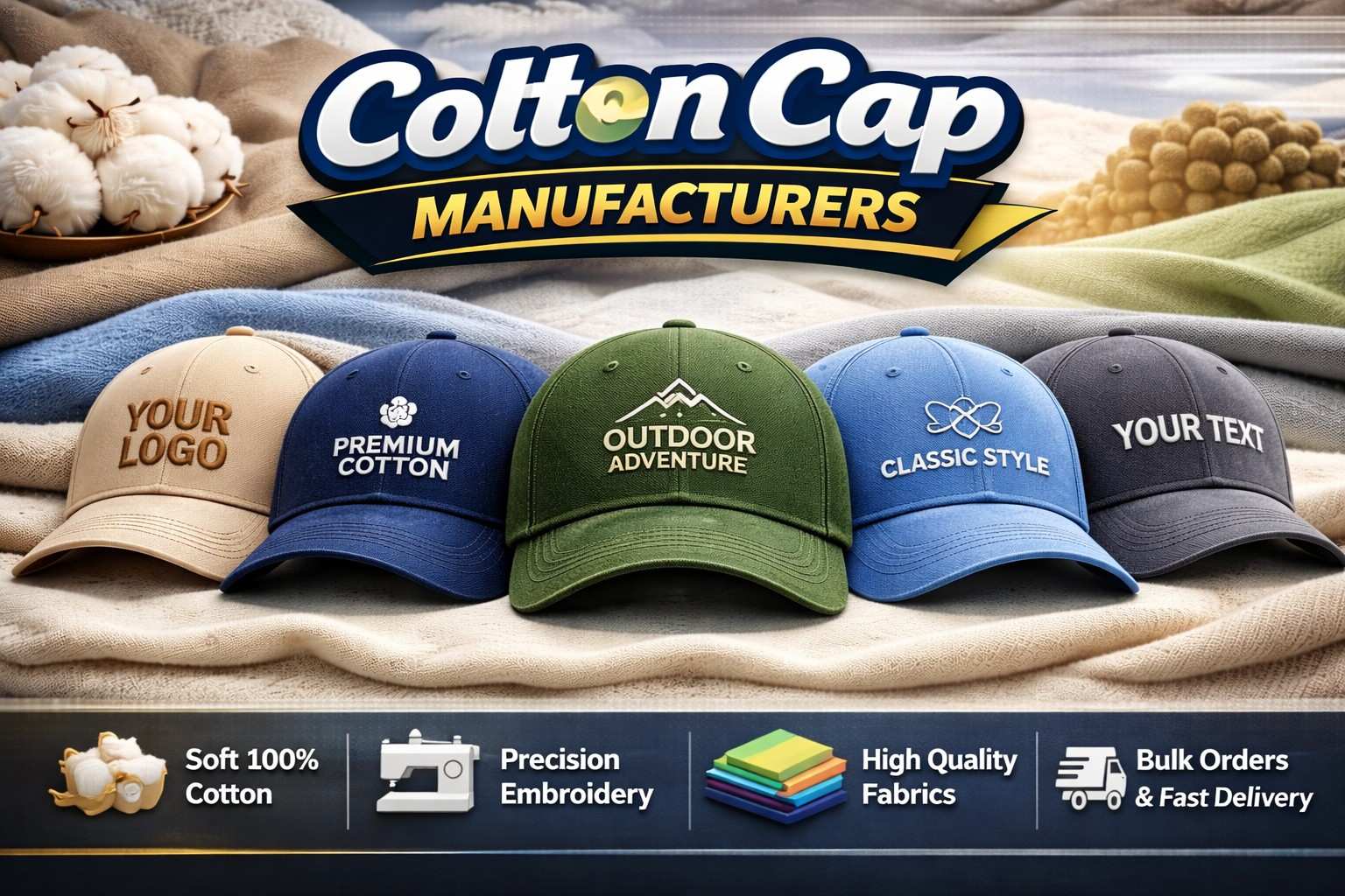 cotton caps manufactured in Guntur with breathable fabric and custom logo for Auto Nagar use