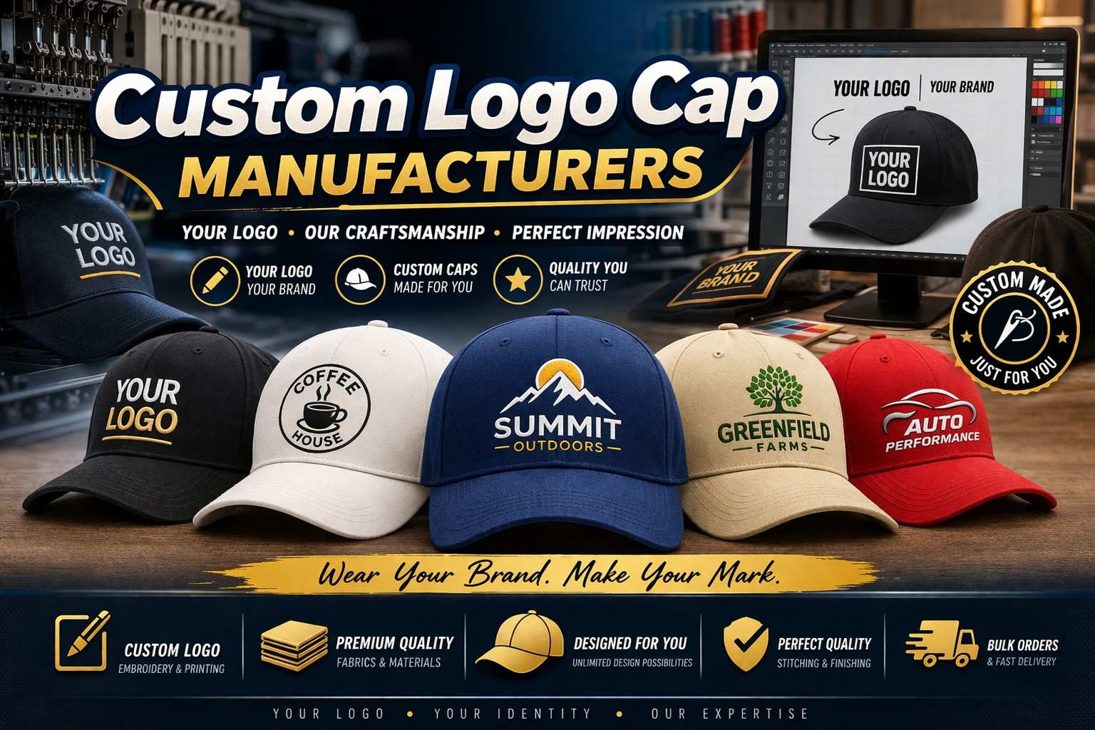 custom logo caps manufactured in Ludhiana with embroidery branding for Focal Point businesses