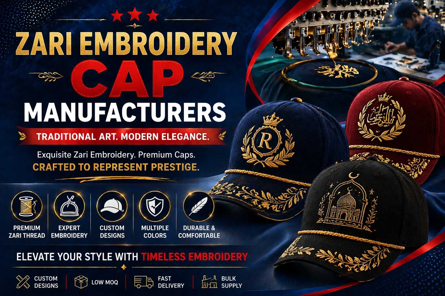 Premium Zari Embroidery Cap by Anika Cap Manufacturer in Imphal